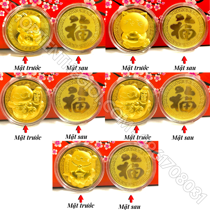 Đồng Xu Hình Con Mèo Thần Tài CUTE Tặng Túi Gấm Lộc - SP005915